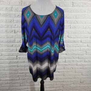 New Directions Women's XL Blue Gray Zig Zag Geometric 3/4 Roll Tab Sleeve GEO66E